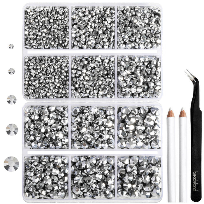 6736pcs Hotfix Rhinestones for Crafts Clothes Mixed 5 Sizes, Hotfix Crystals with Tweezers and Wax Pencil Kit, SS6-SS30- Silver Hematite