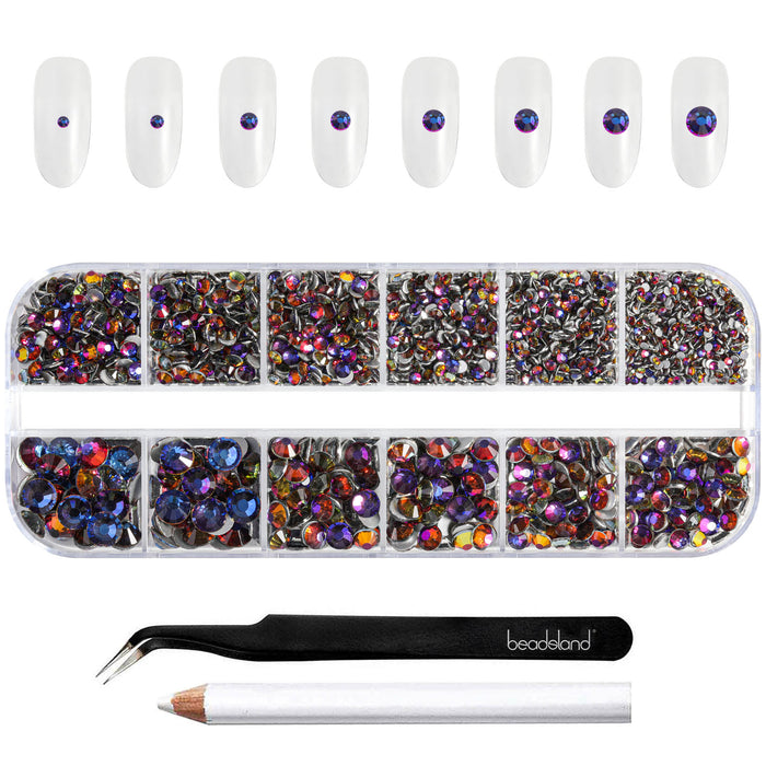 Beadsland Rhinestones for Makeup,8 sizes 2500pcs Flatback Rhinestones Face Gems for Nails Crafts with Tweezers and Wax Pencil- Blue Volcano