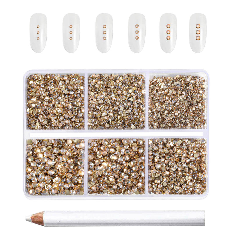 Beadsland 7200pcs Flatback Rhinestones,Nail Gems Round Crystal Rhinestones for Crafts,Mixed 6 Sizes with Wax Pencil Kit, SS3-SS10- Golden Shadow