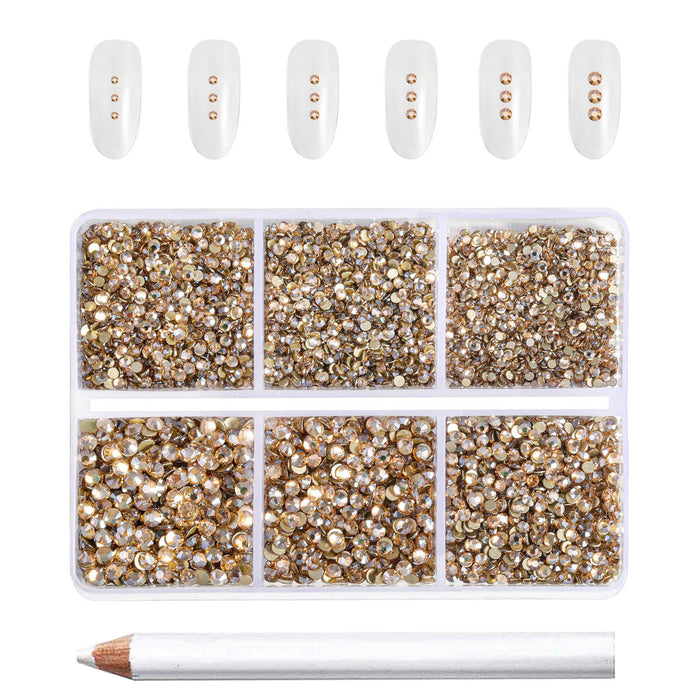 Beadsland 7200 piezas de diamantes de imitación con reverso plano, gemas para uñas, diamantes de imitación de cristal redondos para manualidades, 6 tamaños mezclados con kit de lápiz de cera, SS3-SS10- Golden Shadow