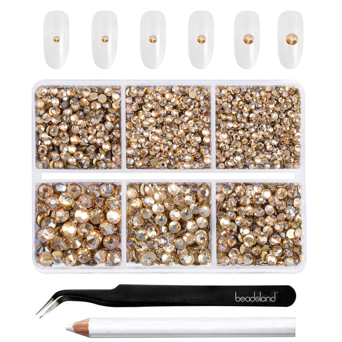 Beadsland 4300 Stück Strasssteine ​​mit flacher Rückseite, Nagelsteine, runde Kristall-Strasssteine ​​zum Basteln, gemischt in 6 Größen, mit Picking-Pinzette und Wachsstift-Set – Golden Shadow