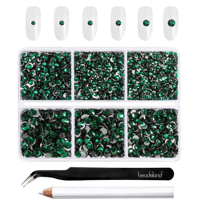 Beadsland 4300 Stück Strasssteine ​​mit flacher Rückseite, Nagelsteine, runde Kristall-Strasssteine ​​zum Basteln, gemischt in 6 Größen, mit Picking-Pinzette und Wachsstift-Set – Smaragd