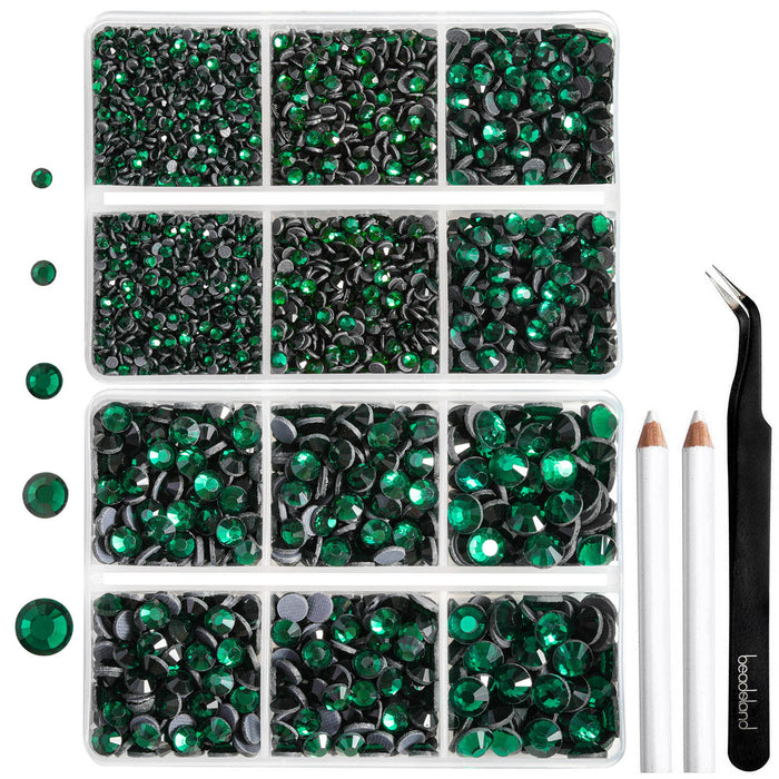 6736 piezas de diamantes de imitación Hotfix para manualidades, ropa, mezcla de 5 tamaños, cristales Hotfix con pinzas y kit de lápiz de cera, SS6-SS30- Esmeralda