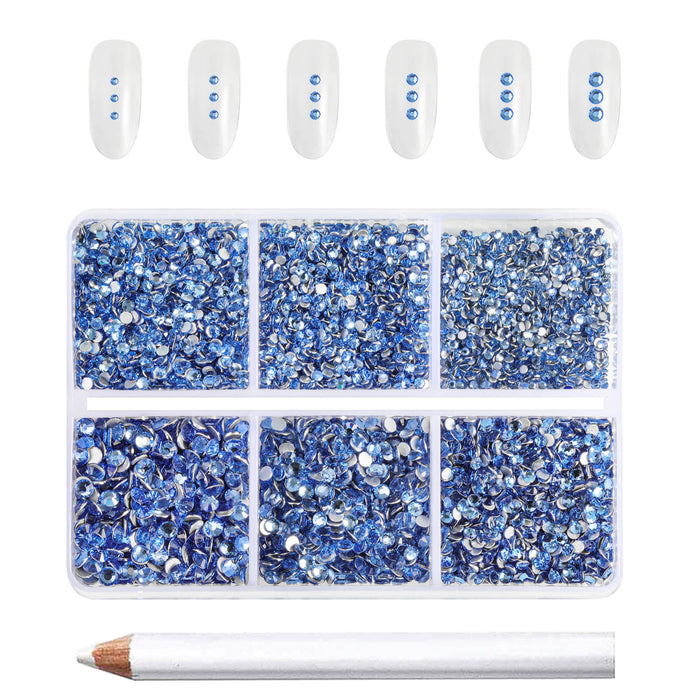 Beadsland 7200 piezas de diamantes de imitación con reverso plano, gemas para uñas, diamantes de imitación de cristal redondos para manualidades, 6 tamaños mezclados con kit de lápiz de cera, SS3-SS10, zafiro claro