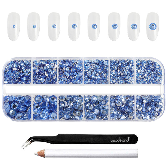 Beadsland Rhinestones for Makeup,8 sizes 2500pcs Flatback Rhinestones Face Gems for Nails Crafts with Tweezers and Wax Pencil- Light Sapphire