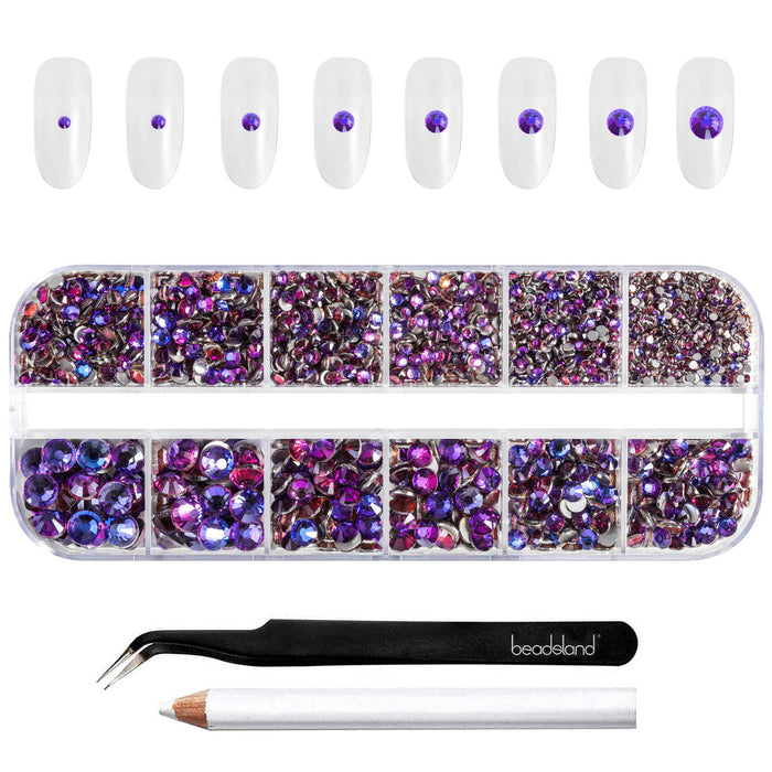 Beadsland Rhinestones para maquillaje, 8 tamaños, 2500 piezas Flatback Rhinestones Face Gems para uñas Manualidades con pinzas y lápiz de cera - Terciopelo púrpura