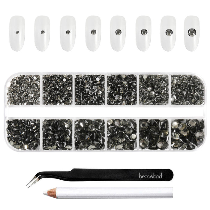 Beadsland Rhinestones for Makeup,8 sizes 2500pcs Flatback Rhinestones Face Gems for Nails Crafts with Tweezers and Wax Pencil- Black Diamond