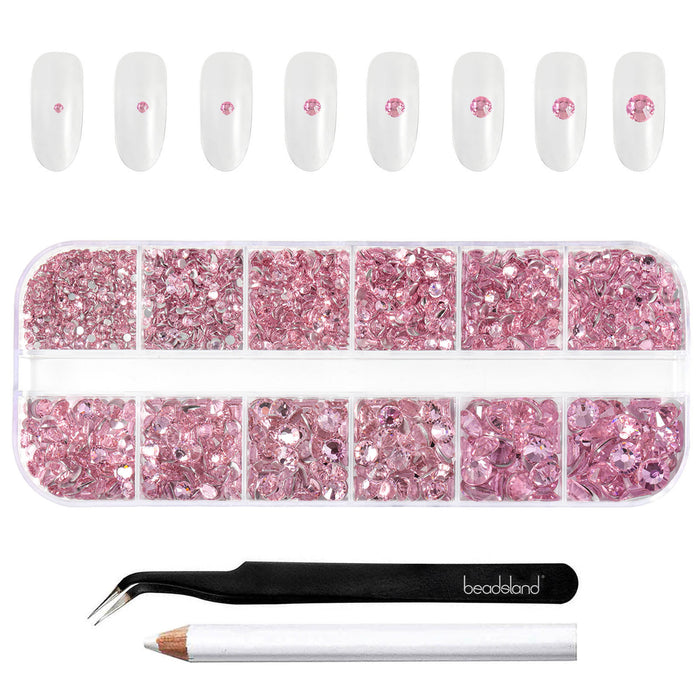 Beadsland Rhinestones for Makeup,8 sizes 2500pcs Flatback Rhinestones Face Gems for Nails Crafts with Tweezers and Wax Pencil- Light Pink