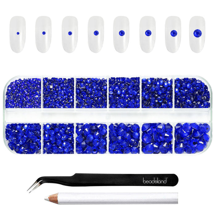 Beadsland Rhinestones for Makeup,8 sizes 2500pcs Flatback Rhinestones Face Gems for Nails Crafts with Tweezers and Wax Pencil- Sapphire