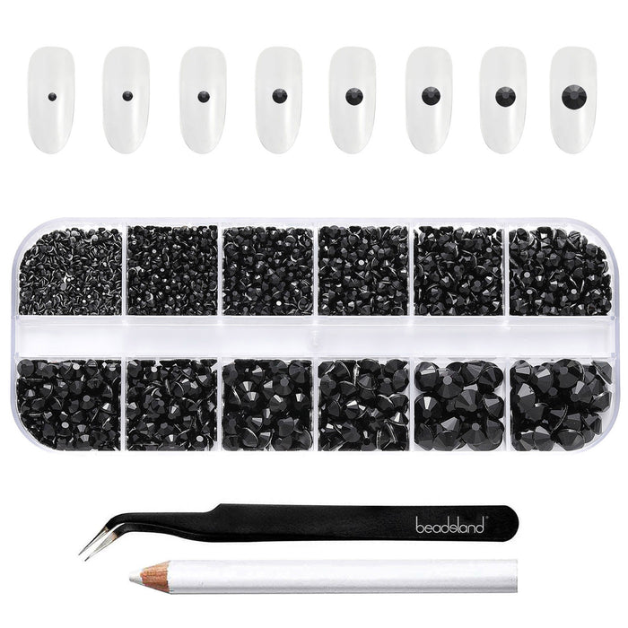 Beadsland Rhinestones for Makeup,8 sizes 2500pcs Flatback Rhinestones Face Gems for Nails Crafts with Tweezers and Wax Pencil- Black